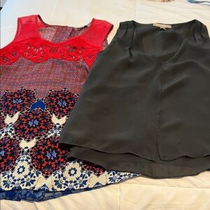 Red and Blue Patterned Sleeveless Top plus a Black Sleeveless Blouse